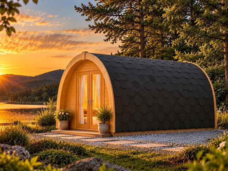 Camping Pod aus Holz mit gewölbtem schwarzem Schindeldach und verglaster Doppeltür an einem See bei Sonnenuntergang
