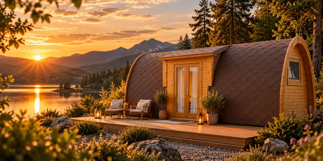 Großer Camping Pod aus Holz mit braunem Schindeldach, Eingang an der Längsseite und Terrasse an einem See bei Sonnenuntergang