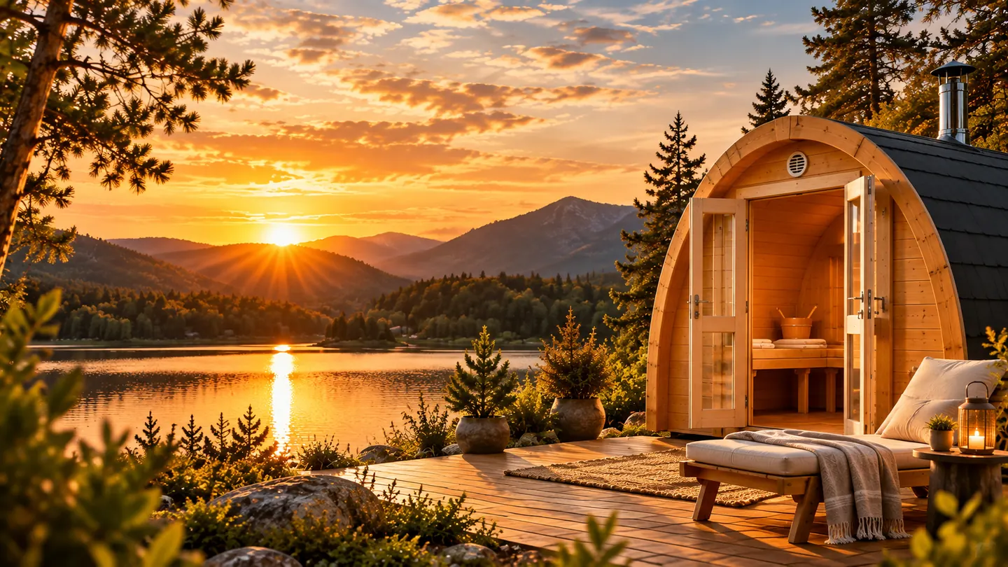 Sauna Pod aus Holz mit geöffneter Doppeltür und Holzterrasse an einem Bergsee bei Sonnenuntergang