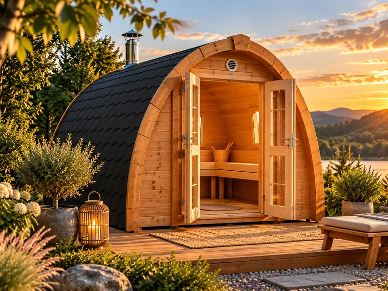Sauna Pod aus Holz mit geöffneter Doppeltür, Saunabänken und Kaminrohr auf einer Terrasse am See