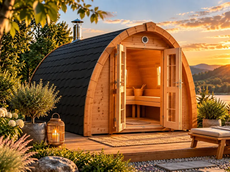 Sauna Pod aus Holz mit geöffneter Doppeltür, Saunabänken und Kaminrohr auf einer Terrasse am See
