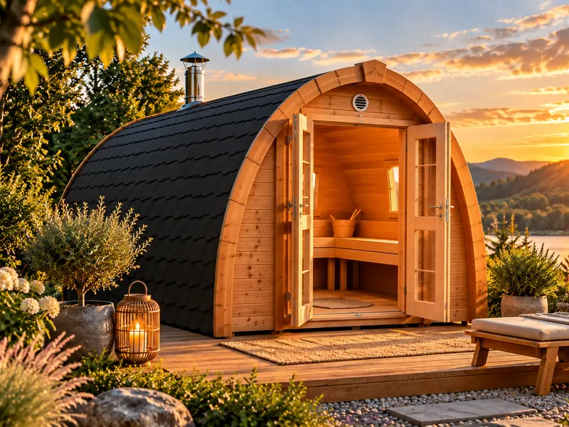 Sauna Pod aus Holz mit geöffneter Doppeltür, Saunabänken und Kaminrohr auf einer Terrasse am See
