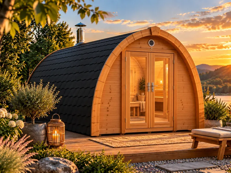 Sauna Pod aus Holz mit verglaster Doppeltür, schwarzem Schindeldach und Kaminrohr auf einer Terrasse am See