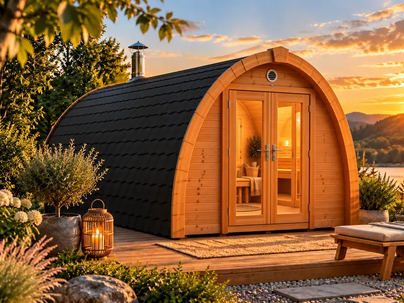 Sauna Pod aus Holz mit verglaster Doppeltür, schwarzem Schindeldach und Kaminrohr auf einer Terrasse am See