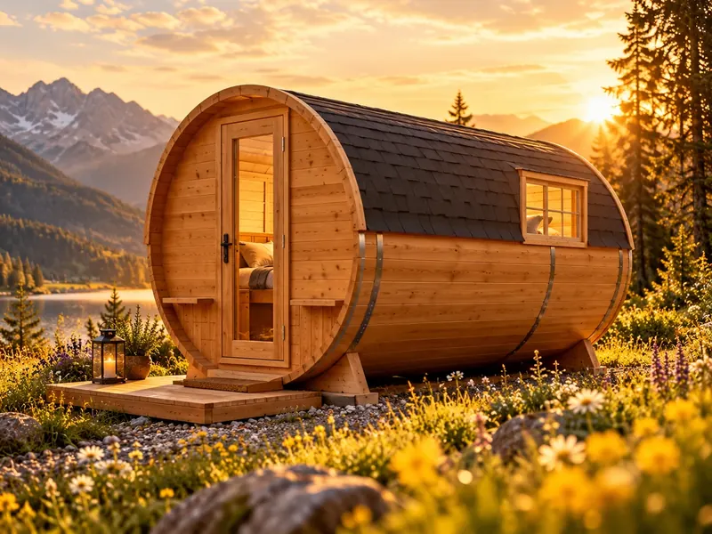 Schlaffass aus Holz mit Seitenfenster und kleiner Terrasse vor einem Bergsee