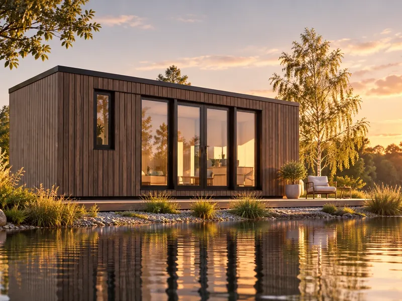 Tiny Haus mit dunkler Holzfassade und großer Verglasung am Wasser im Abendlicht