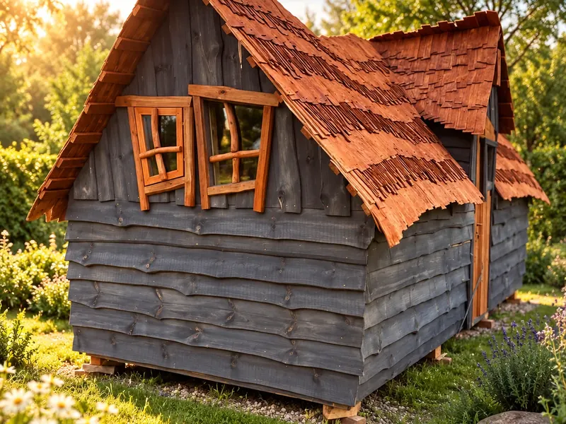 Zwergenhaus mit grauer Holzfassade, rotbraunem Schindeldach und schiefen Holzfenstern